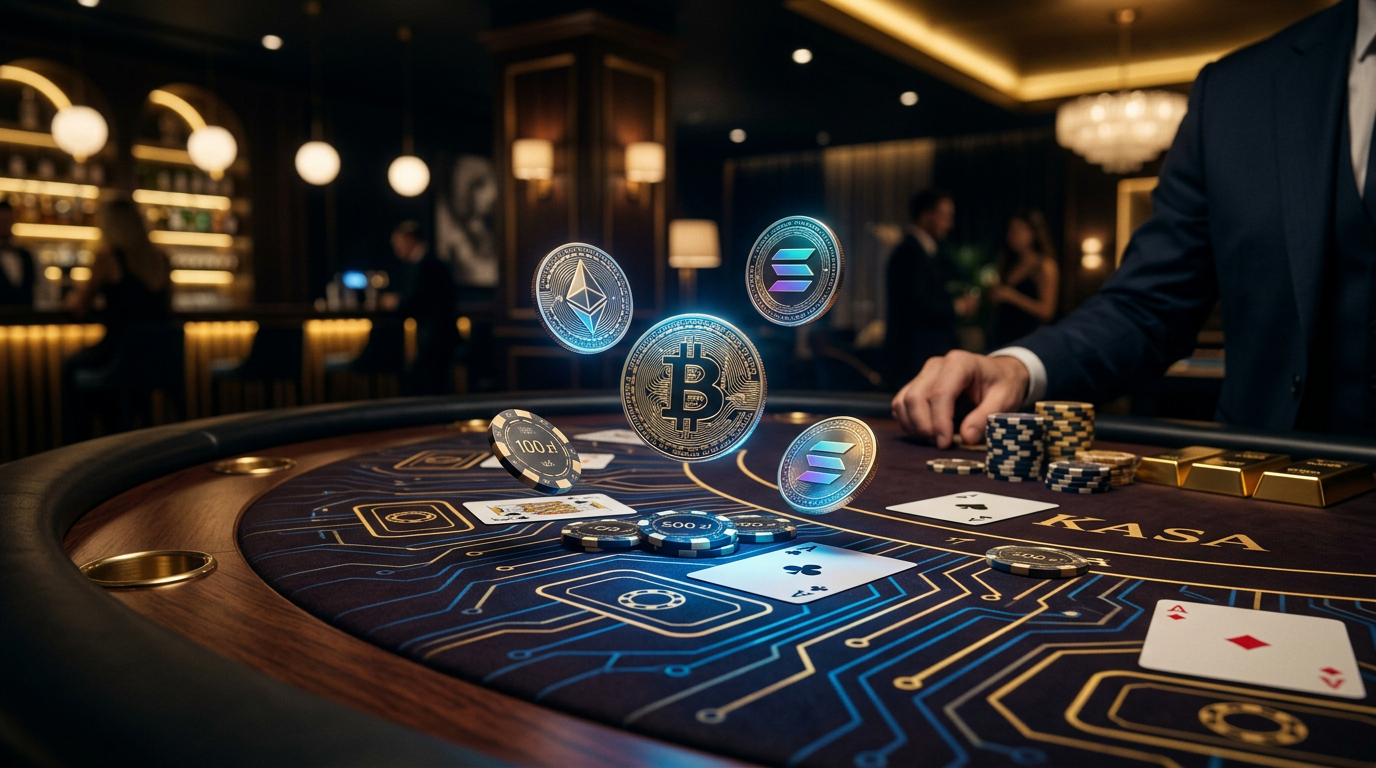 Złote monety Bitcoin i Ethereum na luksusowym stole kasynowym w nowoczesnym stylu 2026