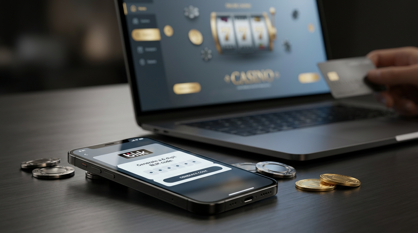 Smartfon z kodem BLIK na tle interfejsu kasyna online