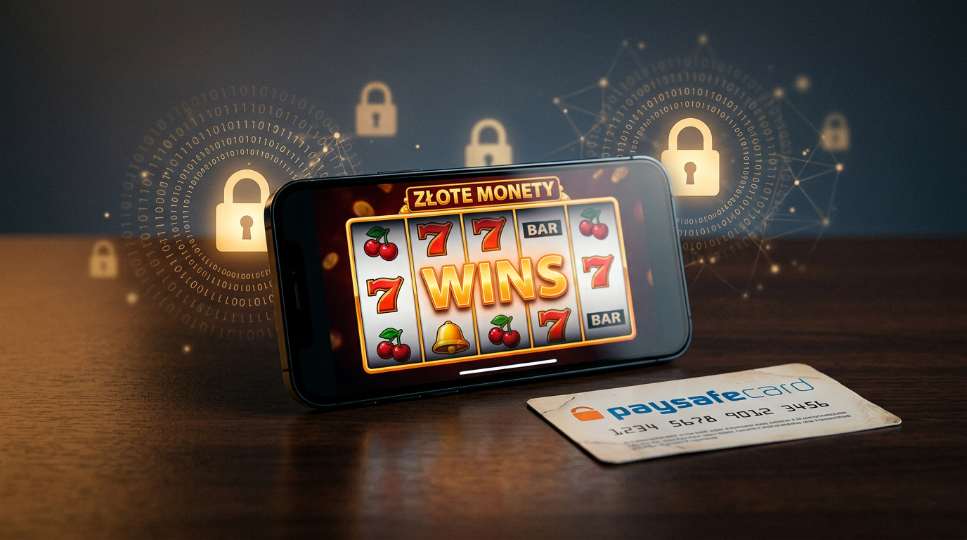 Smartfon z grą kasynową i voucherem Paysafecard symbolizujący bezpieczne płatności