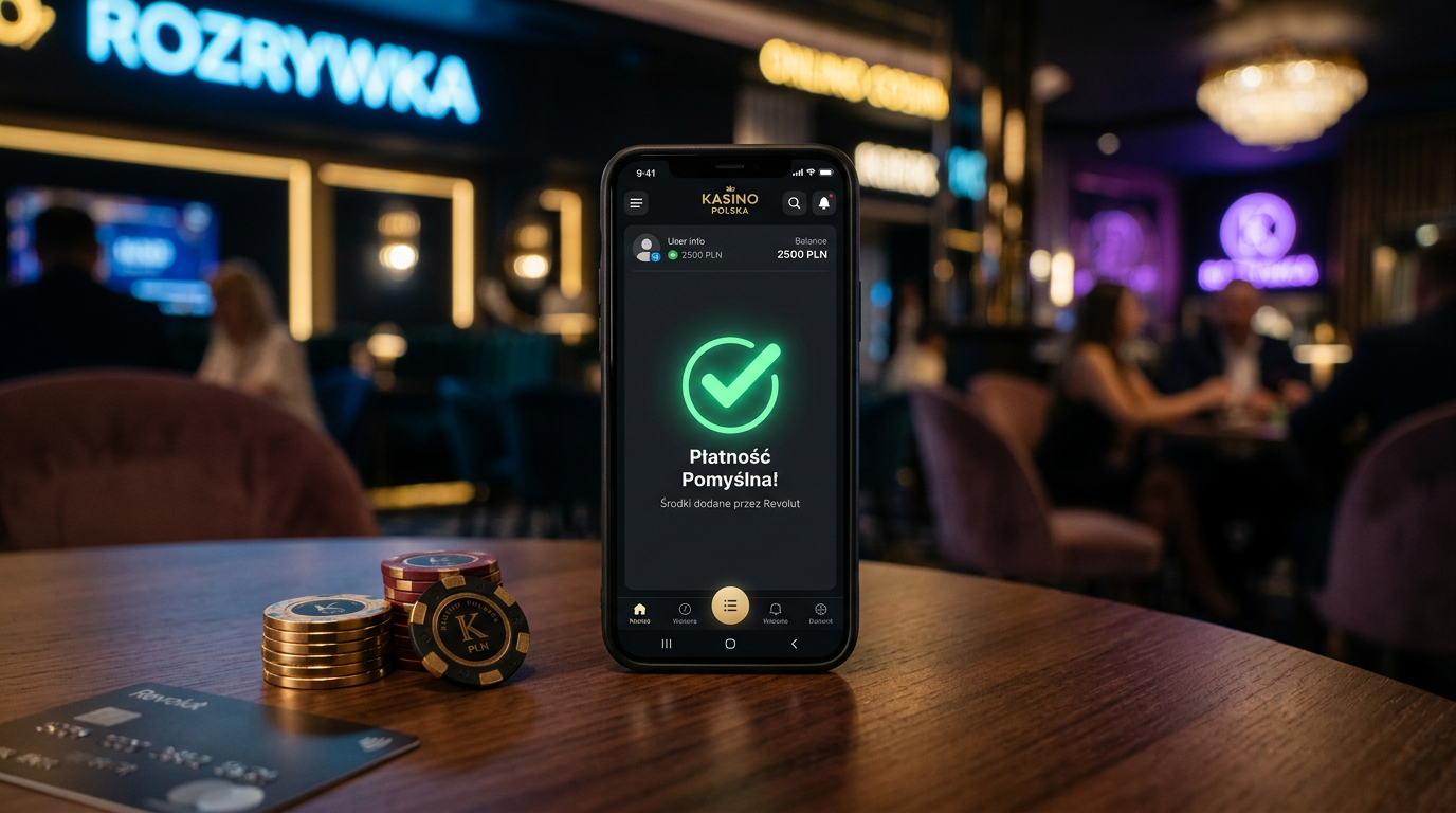 Smartfon z aplikacją kasyna online i potwierdzeniem płatności Revolut na luksusowym tle