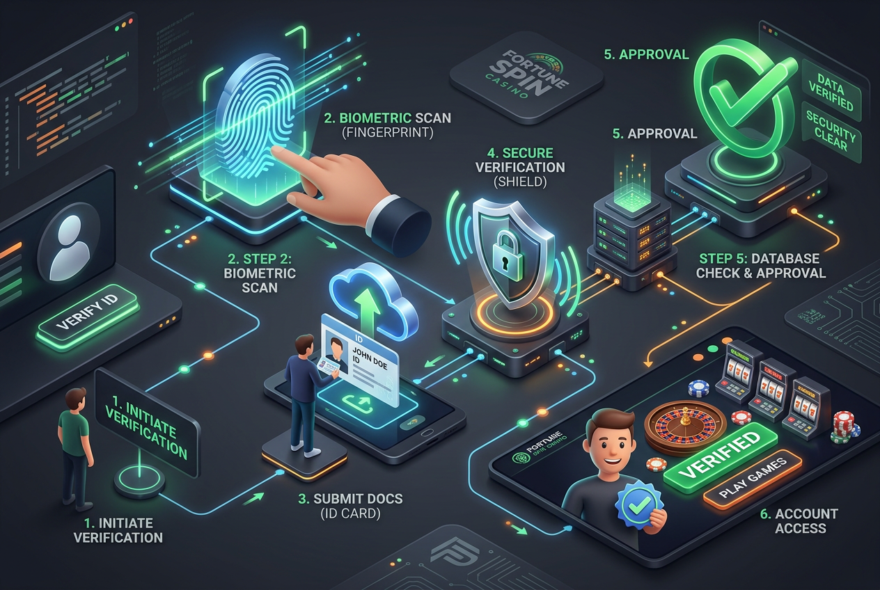 Ilustracja procesu weryfikacji tożsamości KYC w kasynie online z tarczą bezpieczeństwa i zielonymi znacznikami.