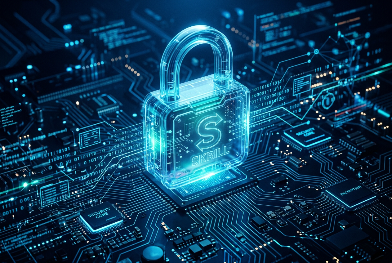 Graphic representation of digital security with a Skrill logo and encryption lines on a blue background.