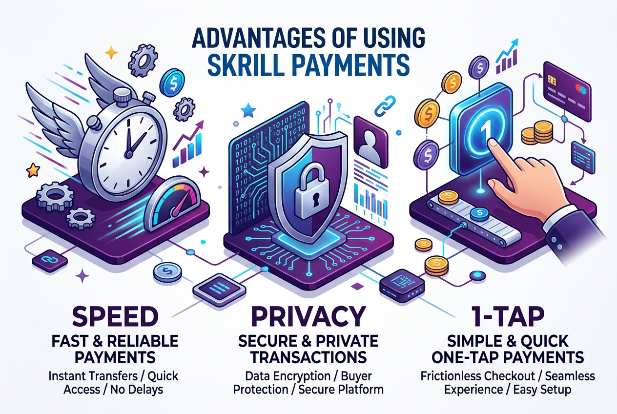 Infographic showing the main benefits of Skrill in online casinos including speed, privacy, and 1-tap payments.